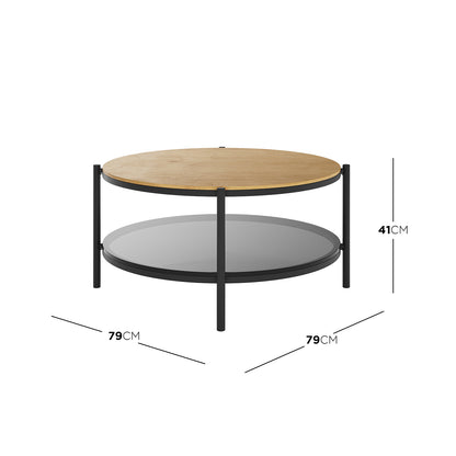 Frances 80cm Round Tempered Glass Coffee Table in Natural, featuring a circular light-wood veneer top, semi-opaque grey lower shelf, and slim black metal legs, ideal for modern living rooms.