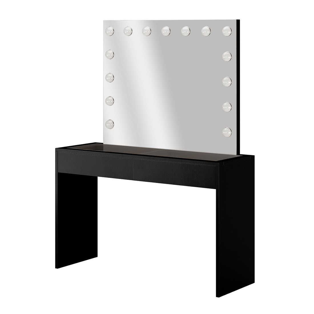 Gianna Hollywood LED Mirror Dressing Table - Black featuring a large LED mirror with 15 lights, sleek glass top, and two spacious drawers on a stylish black vanity.
