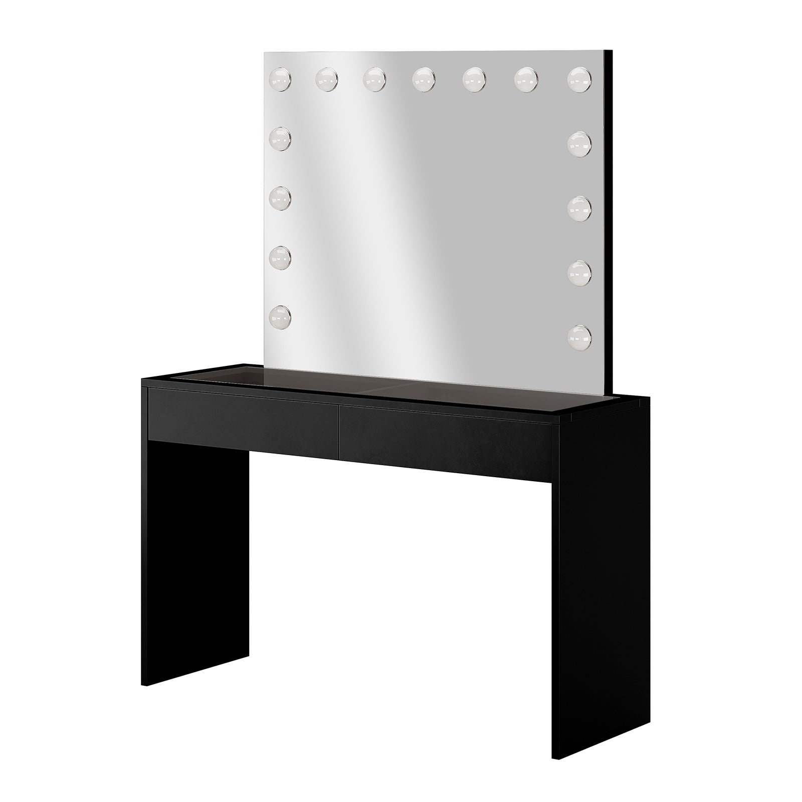 Gianna Hollywood LED Mirror Dressing Table - Black featuring a large LED mirror with 15 lights, sleek glass top, and two spacious drawers on a stylish black vanity.