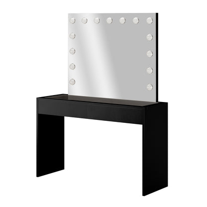 Gianna Hollywood LED Mirror Dressing Table - Black featuring a large LED mirror with 15 lights, sleek glass top, and two spacious drawers on a stylish black vanity.