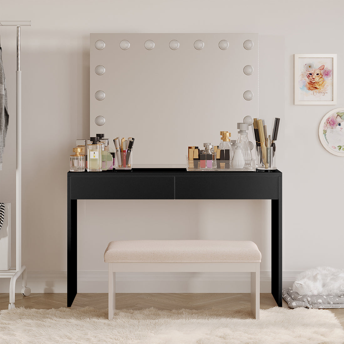 Gianna Hollywood LED Mirror Dressing Table - Black, featuring a large LED mirror, two spacious drawers, and a sleek glass top, enhancing elegance and functionality in any beauty space.