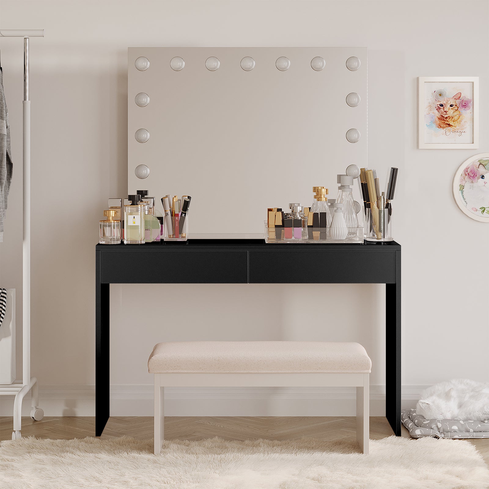 Gianna Hollywood LED Mirror Dressing Table - Black, featuring a large LED mirror, two spacious drawers, and a sleek glass top, enhancing elegance and functionality in any beauty space.