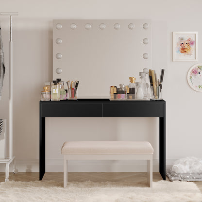 Gianna Hollywood LED Mirror Dressing Table - Black, featuring a large LED mirror, two spacious drawers, and a sleek glass top, enhancing elegance and functionality in any beauty space.