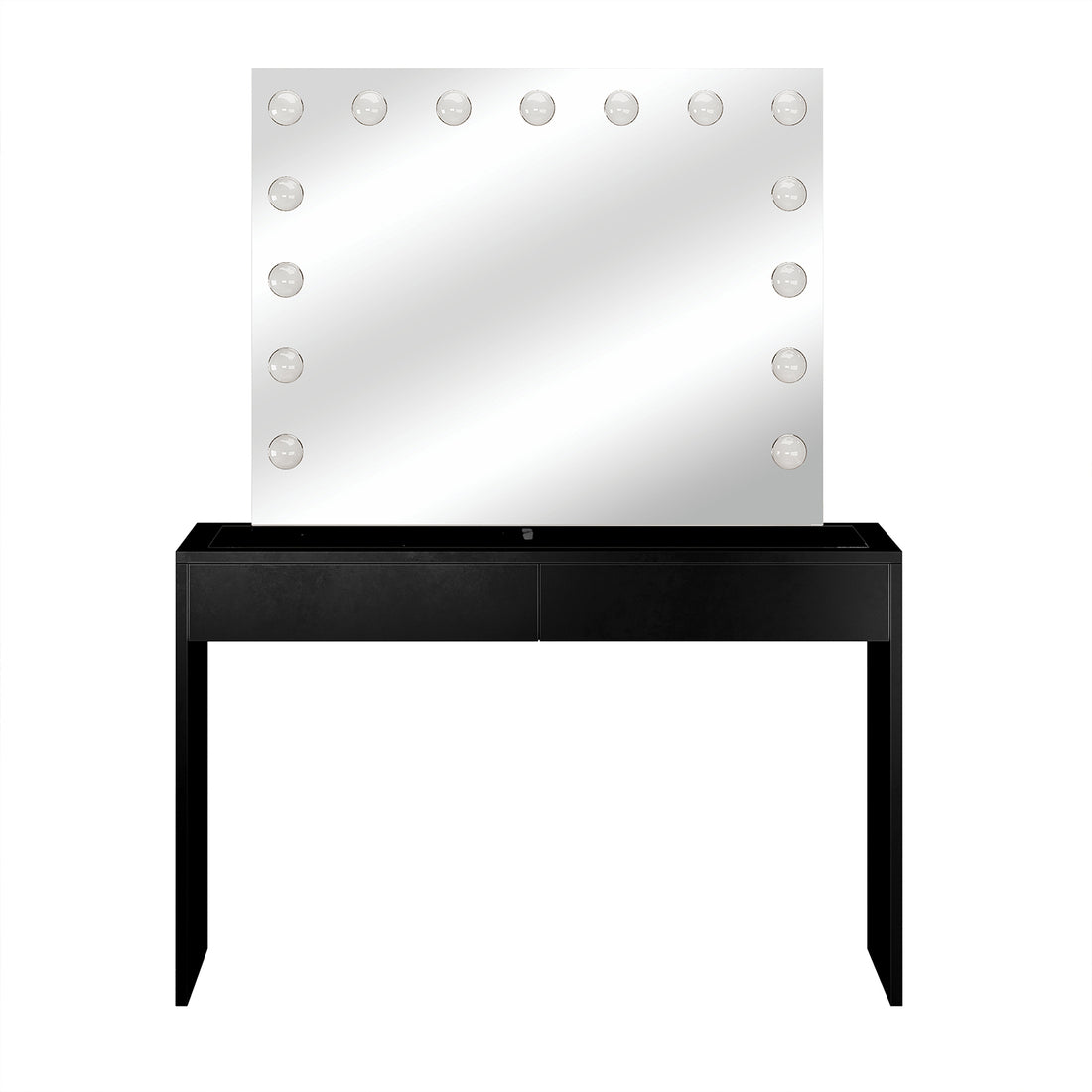 Gianna Hollywood LED Mirror Dressing Table - Black features a sleek design with a large LED mirror, glass top, and two spacious drawers, perfect for enhancing any beauty setup.