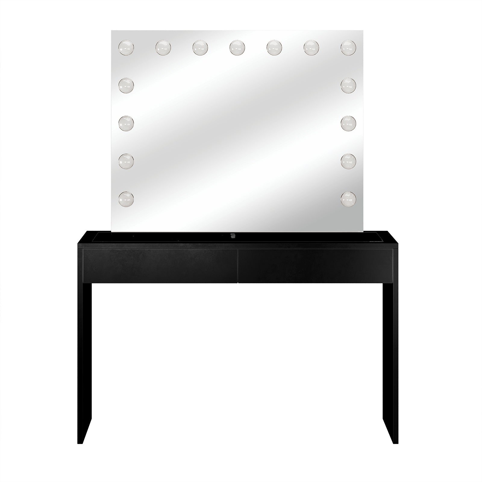 Gianna Hollywood LED Mirror Dressing Table - Black features a sleek design with a large LED mirror, glass top, and two spacious drawers, perfect for enhancing any beauty setup.