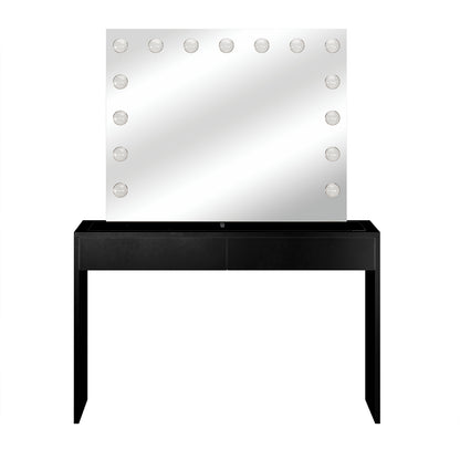 Gianna Hollywood LED Mirror Dressing Table - Black features a sleek design with a large LED mirror, glass top, and two spacious drawers, perfect for enhancing any beauty setup.