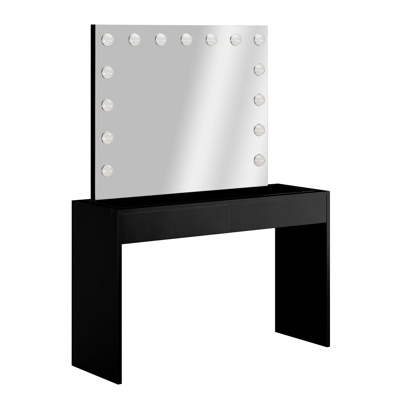 Gianna Hollywood LED Mirror Dressing Table - Black: Features a large LED mirror with adjustable lights, a sleek glass top, and two spacious drawers, perfect for organizing beauty essentials.