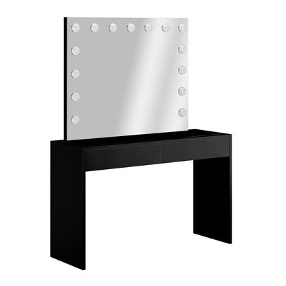 Gianna Hollywood LED Mirror Dressing Table - Black: Features a large LED mirror with adjustable lights, a sleek glass top, and two spacious drawers, perfect for organizing beauty essentials.