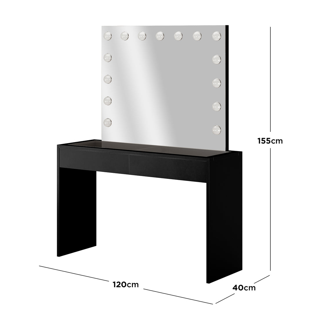 Gianna Hollywood LED Mirror Dressing Table - Black: Features a large LED mirror with adjustable lights, sleek black vanity with a glass top, and two spacious drawers for organized beauty essentials.