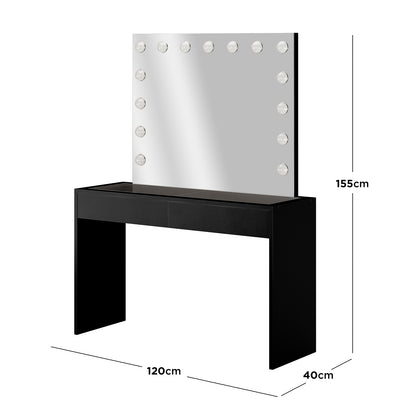 Gianna Hollywood LED Mirror Dressing Table - Black: Features a large LED mirror with adjustable lights, sleek black vanity with a glass top, and two spacious drawers for organized beauty essentials.