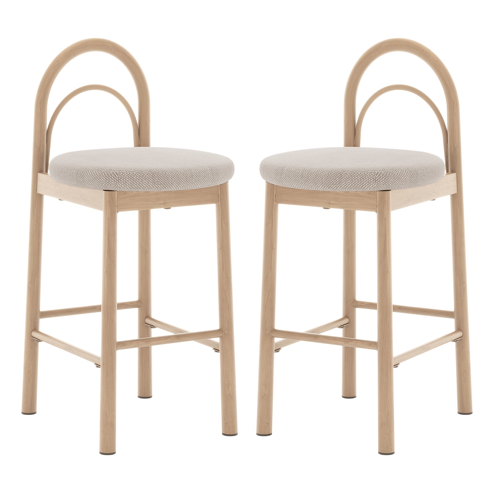 Gilles Linen Arched Bar Stool Set of 2 - Beige, features a close-up view of the arched backrest and sleek metal frame with wood accents, highlighting its modern design and comfortable padding.