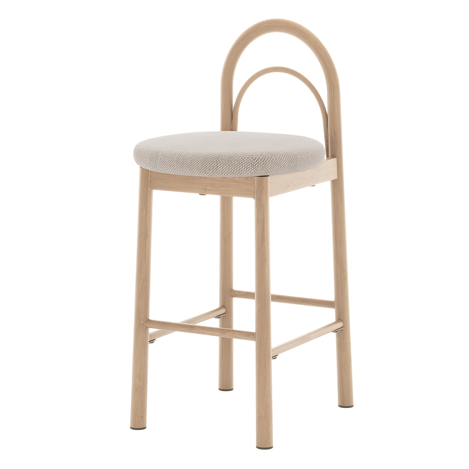 Gilles Linen Arched Bar Stool Set of 2 features a close-up of a chair with an arched backrest, visible cushion, and sleek metal frame with wood details, showcasing stylish, comfortable seating.