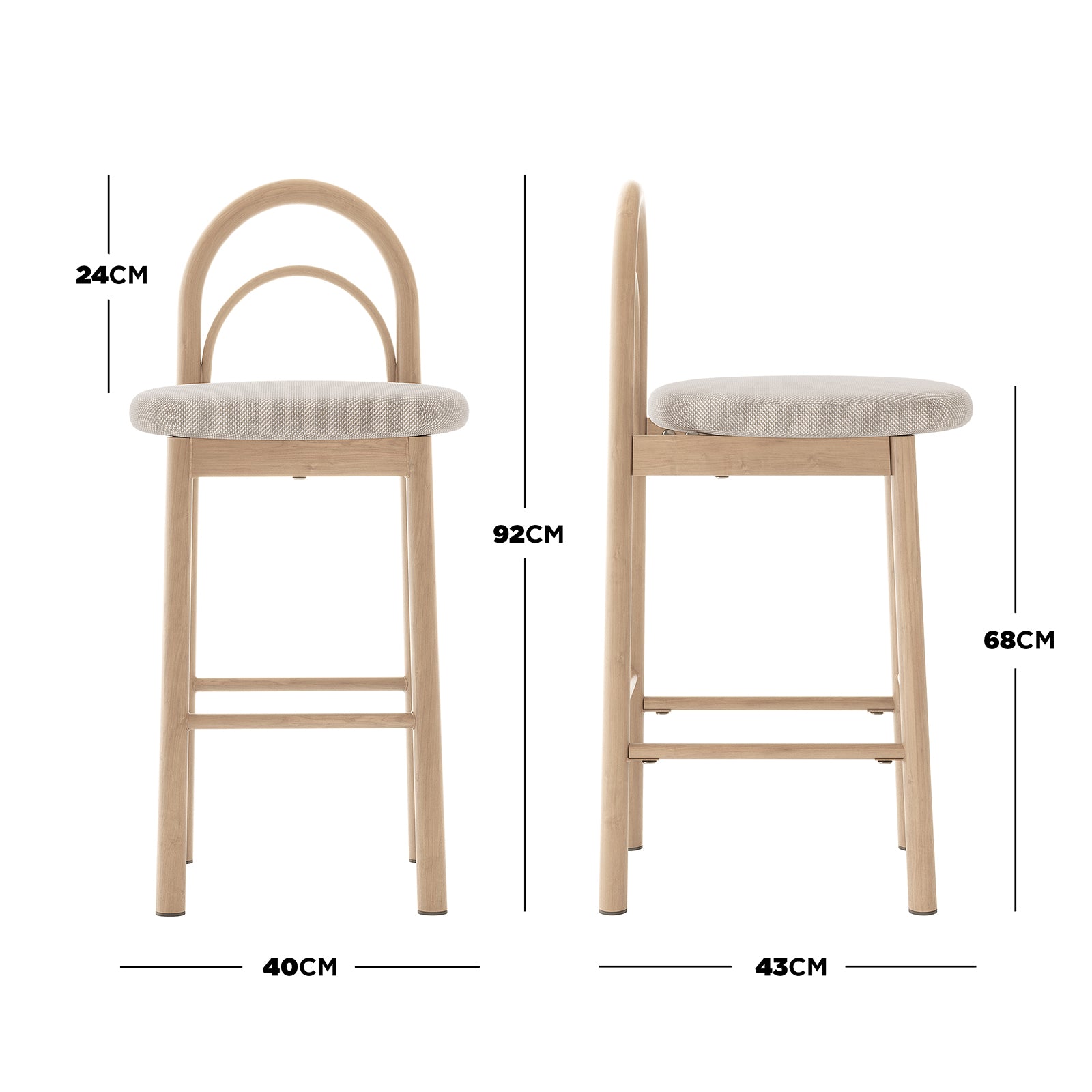 Gilles Linen Arched Bar Stool Set of 2 - Beige, showcasing a sleek design with arched wooden backrests and metal frame, featuring comfortable beige linen upholstery and a built-in footrest.