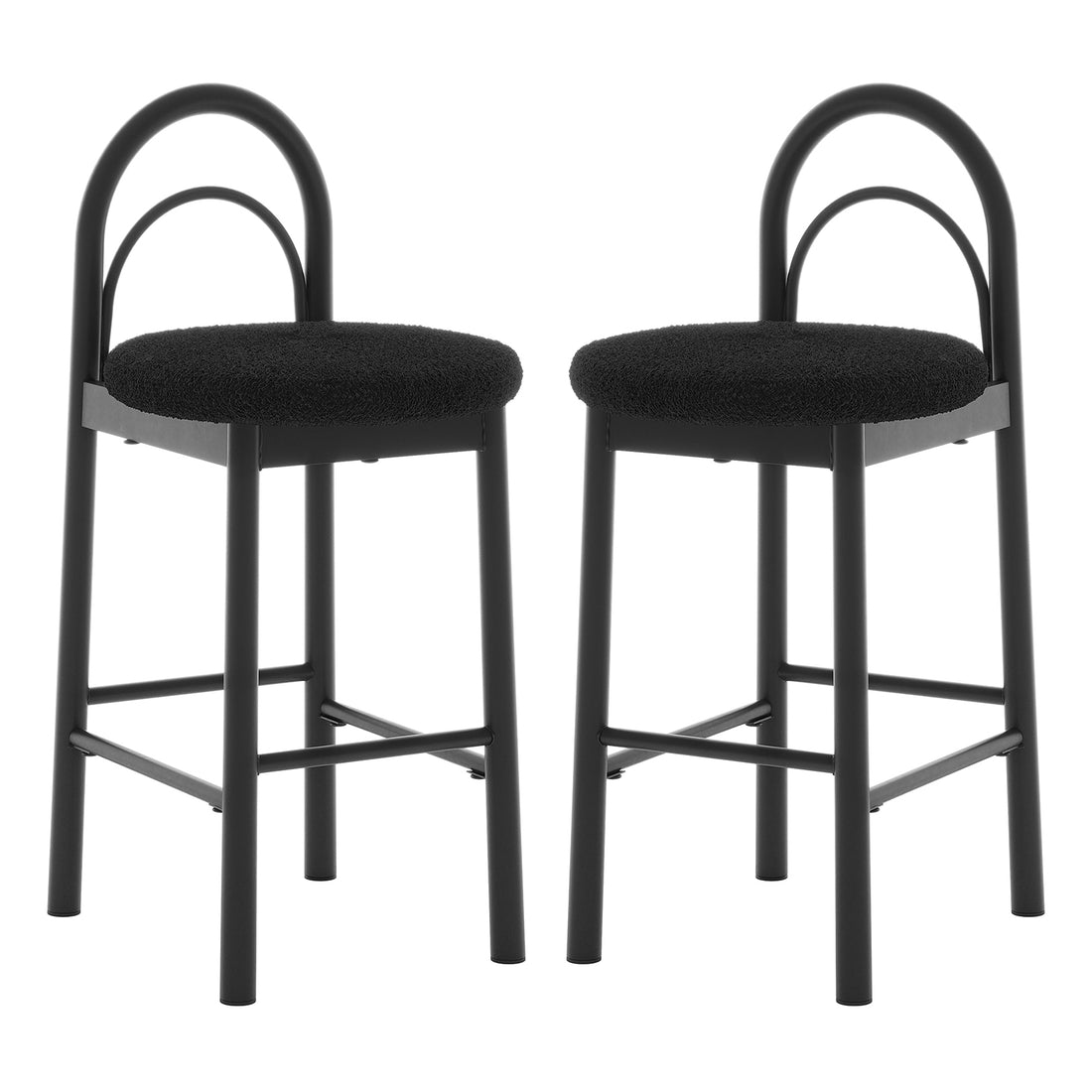 Gilles Boucle Arched Bar Stool Black Set of 2 featuring plush boucle upholstery, thick foam padding, and arched backrests on a durable metal frame with built-in footrests for modern, sophisticated seating.