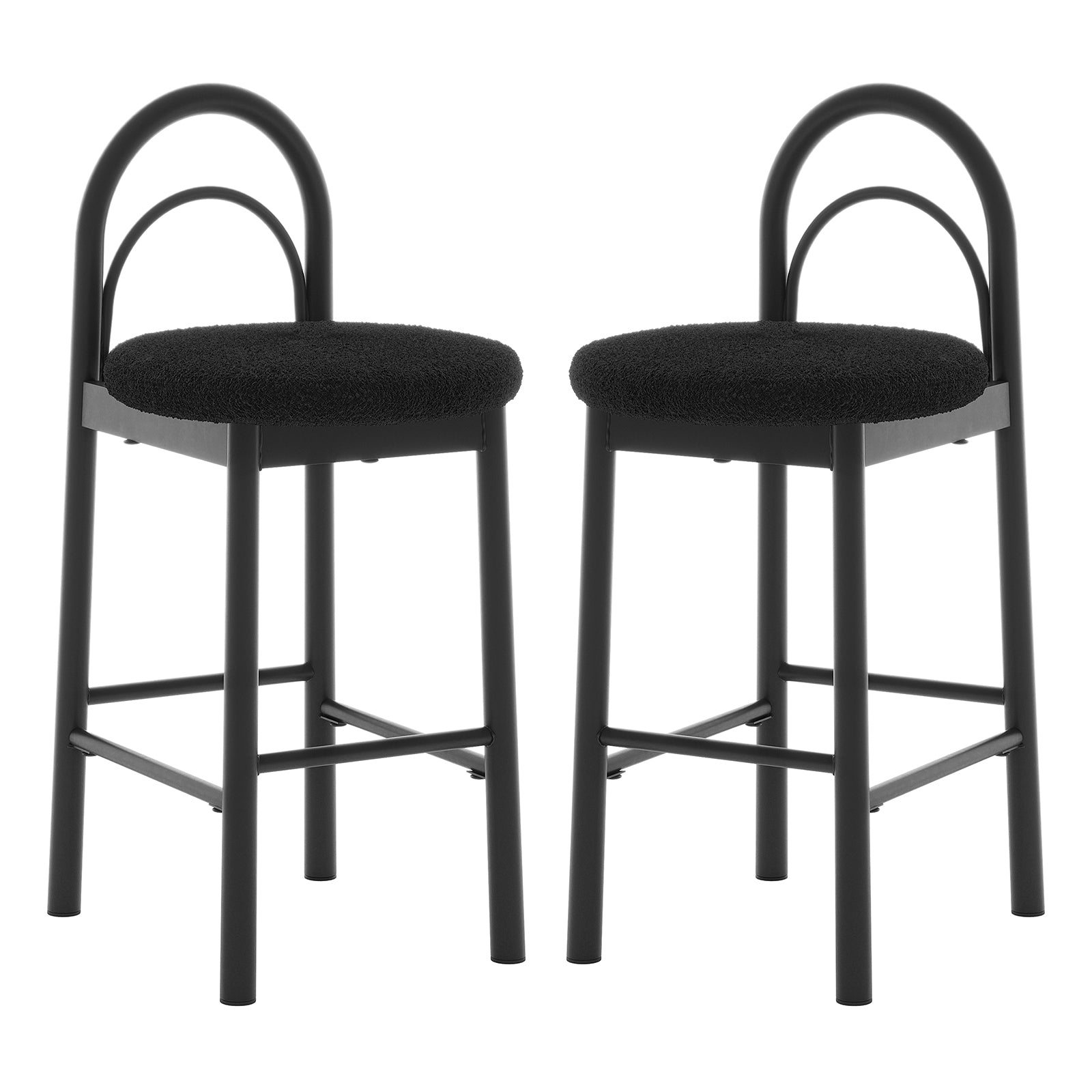 Gilles Boucle Arched Bar Stool Black Set of 2 featuring plush boucle upholstery, thick foam padding, and arched backrests on a durable metal frame with built-in footrests for modern, sophisticated seating.