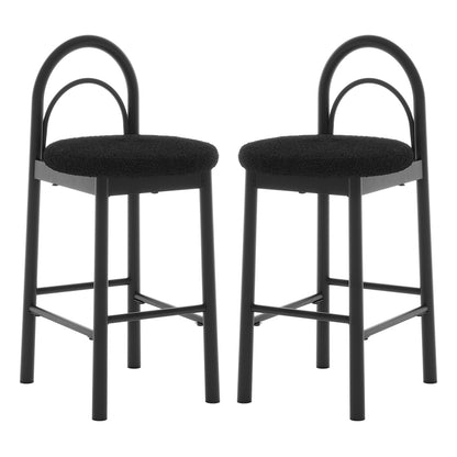 Gilles Boucle Arched Bar Stool Black Set of 2 featuring plush boucle upholstery, thick foam padding, and arched backrests on a durable metal frame with built-in footrests for modern, sophisticated seating.