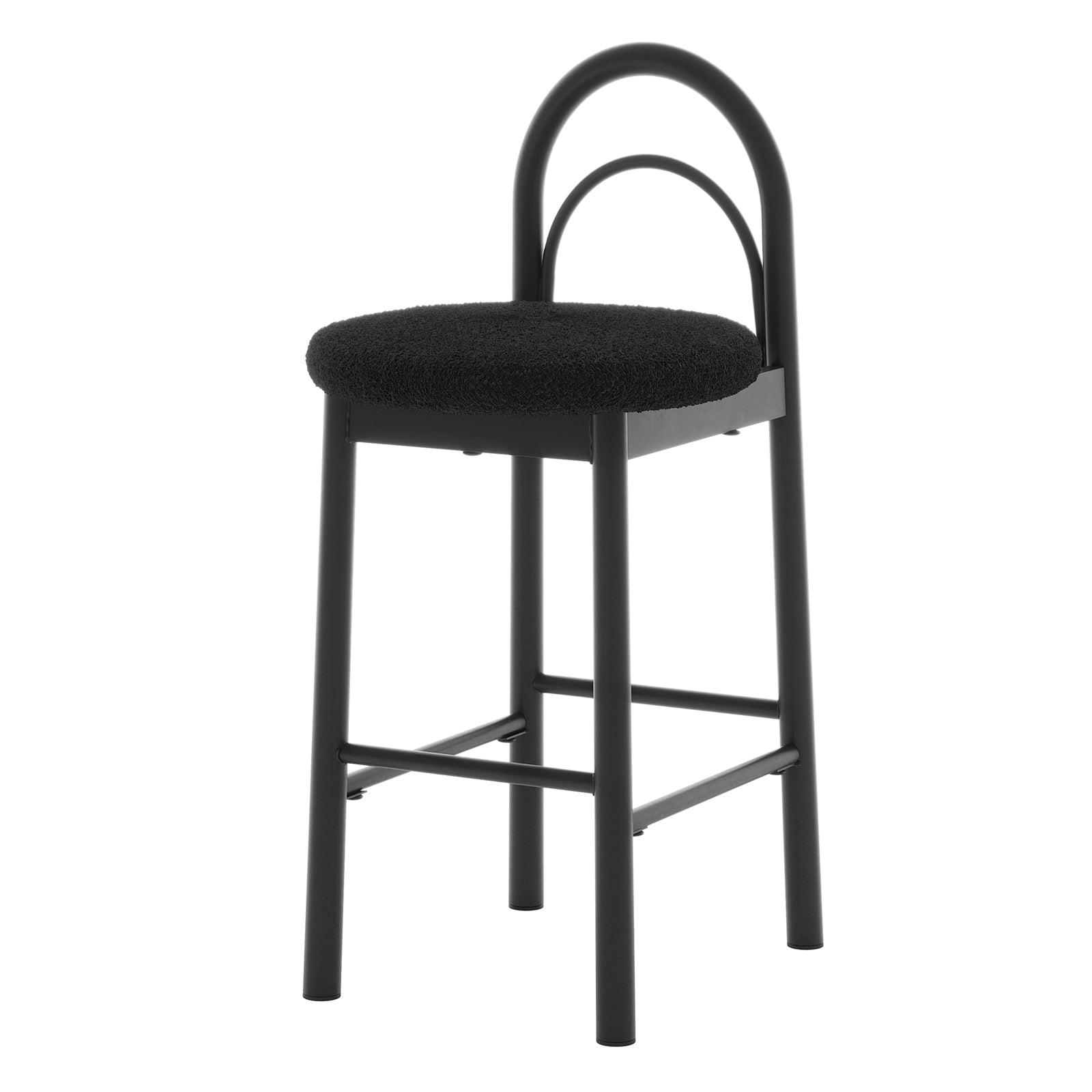 Gilles Boucle Arched Bar Stool Black Set of 2 features a close-up of plush, textured boucle fabric with an arched backrest and sturdy metal frame, highlighting sophisticated, modern design and ergonomic support.