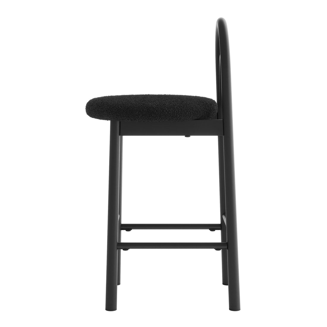 Gilles Boucle Arched Bar Stool Black Set of 2, showcasing a close-up of a black chair with a cushion and sturdy metal frame, highlighting its modern design and plush upholstery.