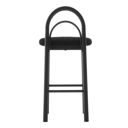 Gilles Boucle Arched Bar Stool Black Set of 2 features plush boucle fabric with a sleek arched backrest, sturdy metal frame, and built-in footrest, offering sophisticated, modern seating.