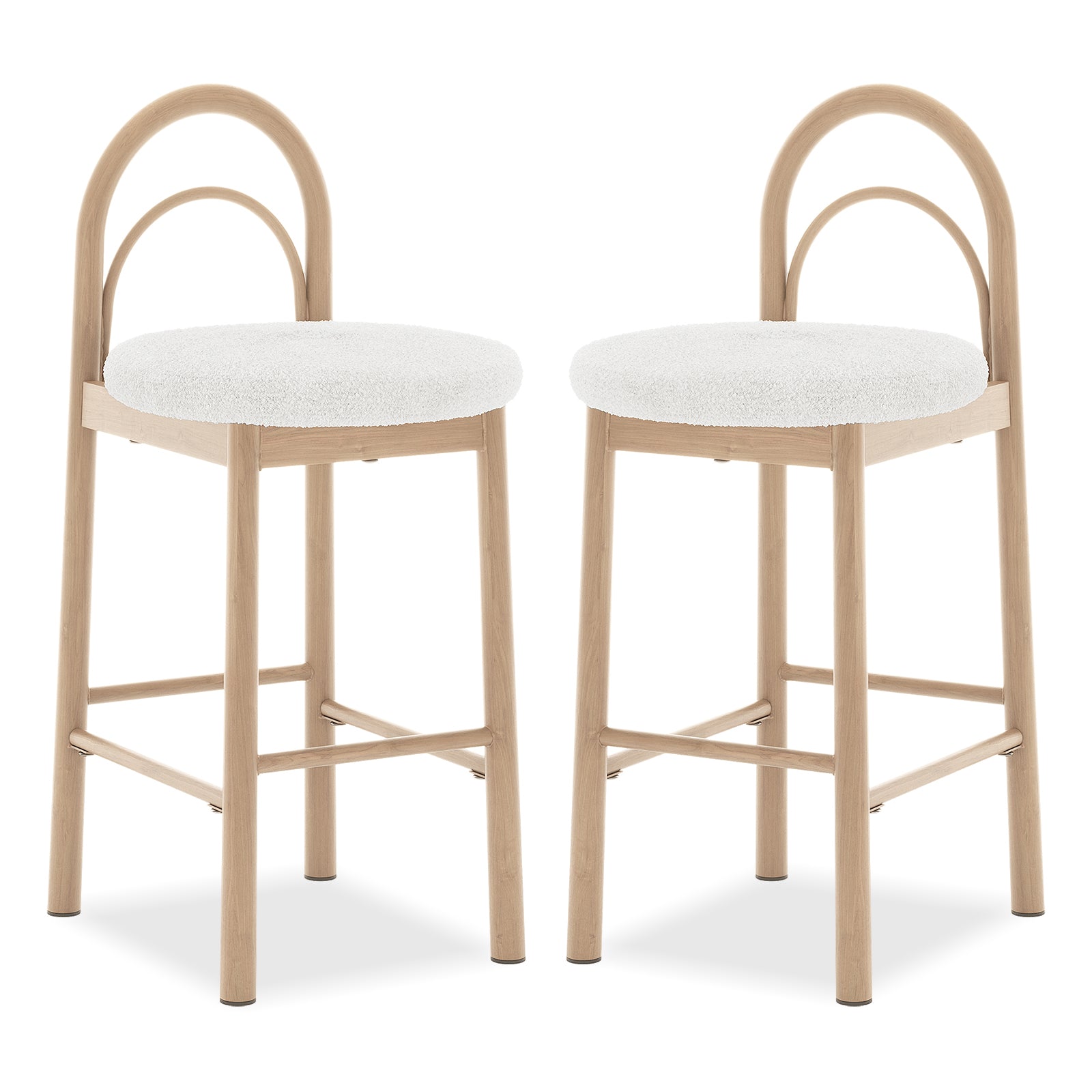 Gilles Boucle Arched Bar Stool Cream White Set of 2 features plush white cushions on a sleek metal frame, showcasing elegant arched backrests and footrests, perfect for modern dining spaces.