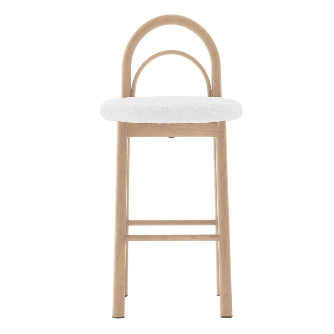 Close-up of Gilles Boucle Arched Bar Stool Cream White Set of 2, highlighting plush boucle fabric, ergonomic arched backrest, and sturdy metal frame, showcasing sophisticated design for modern dining spaces.