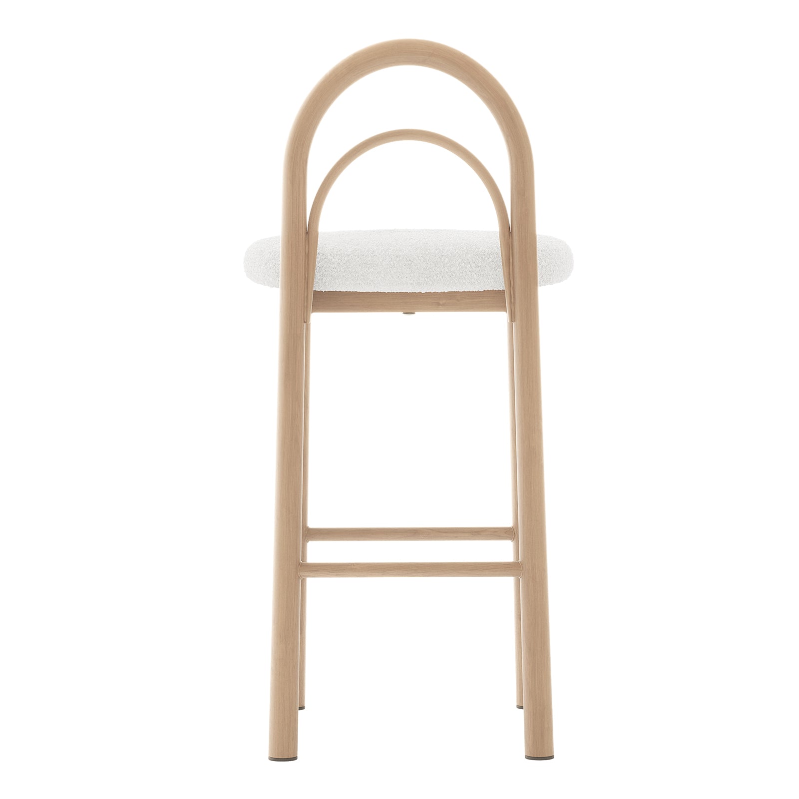 Gilles Boucle Arched Bar Stool Cream White Set of 2 featuring plush boucle upholstery, arched backrest, and built-in footrest. Ideal for modern dining spaces with its sleek metal frame design.