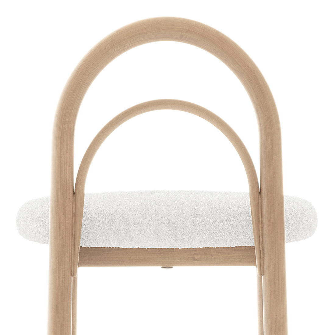 Gilles Boucle Arched Bar Stool Cream White Set of 2, featuring a close-up of the chair's arched backrest and boucle upholstery, showcasing a sophisticated and ergonomic design with a built-in footrest.
