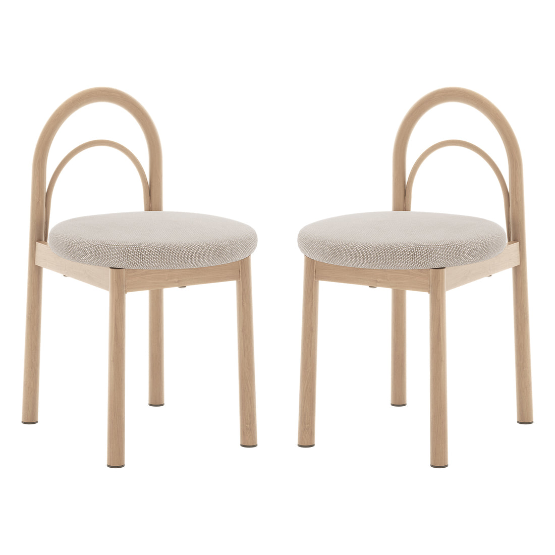 Gilles Linen Arched Dining Chair Set of 2 - Beige features a close-up of the chair's elegant arched backrest and plush upholstered seat, highlighting its sophisticated design and sturdy metal frame.