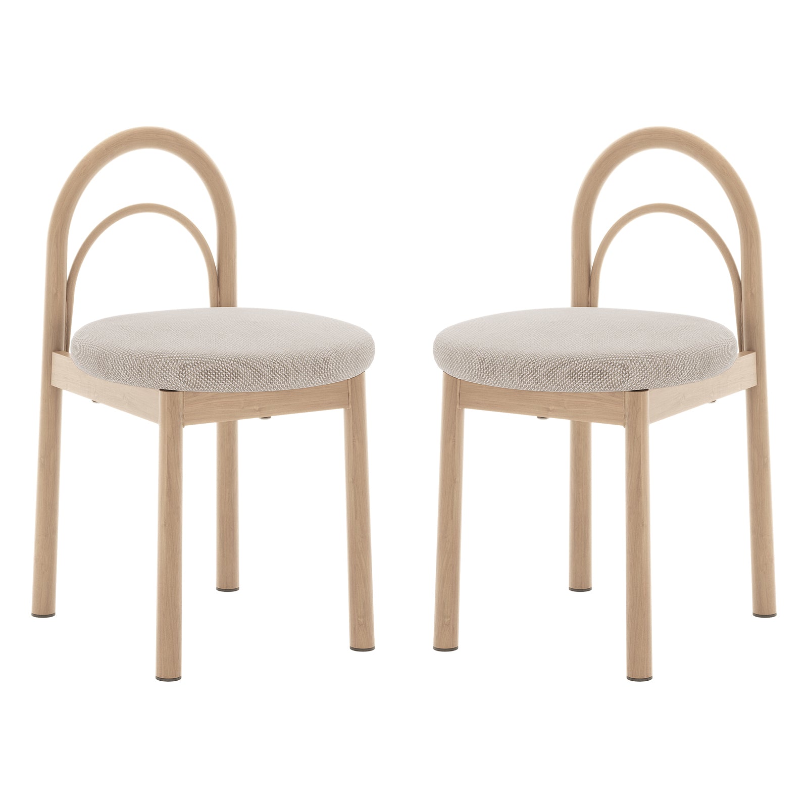 Gilles Linen Arched Dining Chair Set of 2 - Beige features a close-up of the chair's elegant arched backrest and plush upholstered seat, highlighting its sophisticated design and sturdy metal frame.