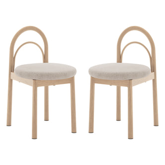 Gilles Linen Arched Dining Chair Set of 2 - Beige features a close-up of the chair's elegant arched backrest and plush upholstered seat, highlighting its sophisticated design and sturdy metal frame.