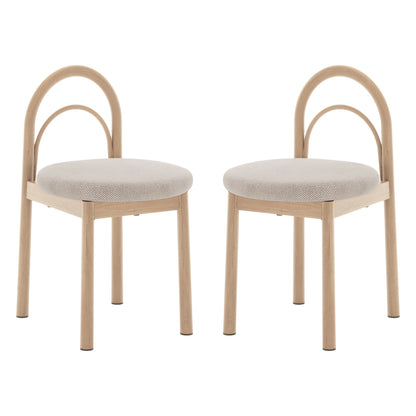 Gilles Linen Arched Dining Chair Set of 2 - Beige features a close-up of the chair's elegant arched backrest and plush upholstered seat, highlighting its sophisticated design and sturdy metal frame.
