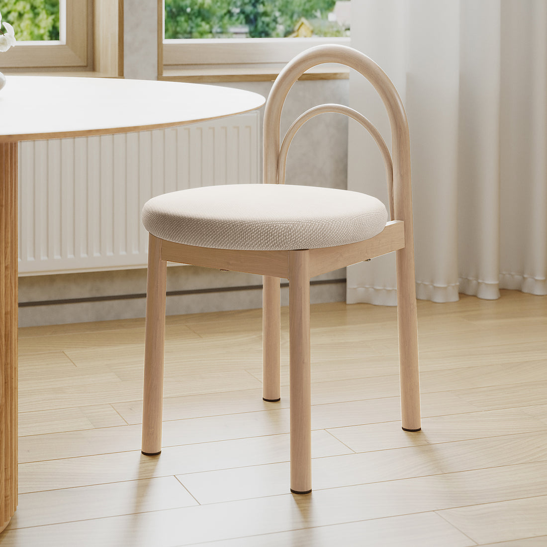 Gilles Linen Arched Dining Chair Set of 2 - Beige featuring an elegant double arched backrest, upholstered seat with thick foam padding, and sturdy powder-coated metal legs, ideal for modern dining spaces.