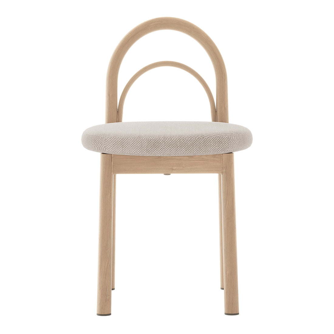 Close-up of the Gilles Linen Arched Dining Chair set, showcasing the elegant arched backrest and plush beige linen upholstery, highlighting its sophisticated design and comfort-focused construction.