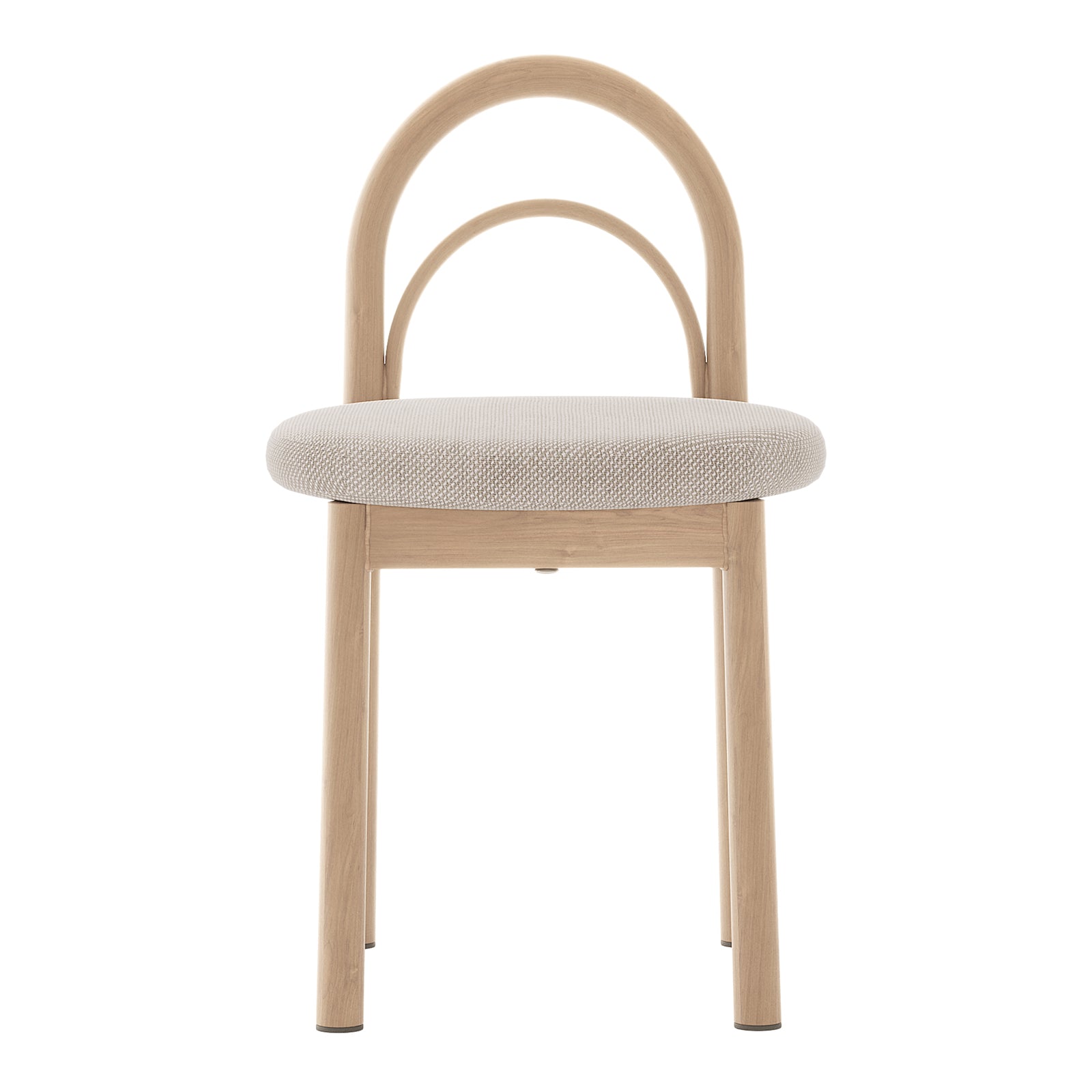 Close-up of the Gilles Linen Arched Dining Chair set, showcasing the elegant arched backrest and plush beige linen upholstery, highlighting its sophisticated design and comfort-focused construction.