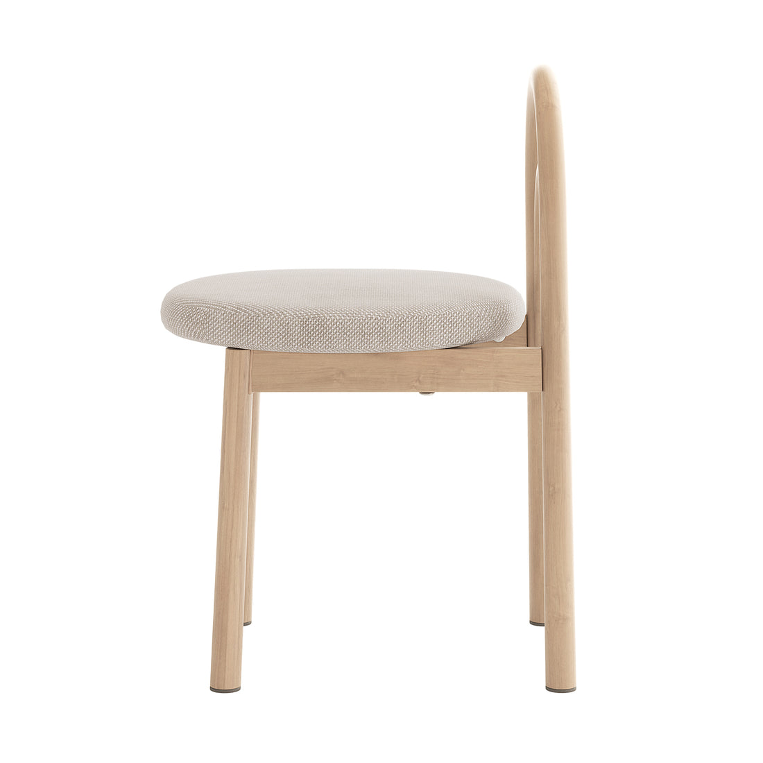 Gilles Linen Arched Dining Chair Set of 2 - Beige, featuring close-up views of plush cushion, wooden leg, and wooden post elements, highlighting its elegant design and craftsmanship.