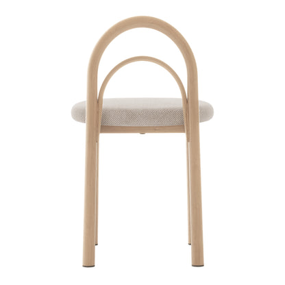 Gilles Linen Arched Dining Chair Set of 2 - Beige, featuring a close-up of its elegant linen fabric, detailed arched backrest design, and sturdy powder-coated metal frame with wood accent legs.