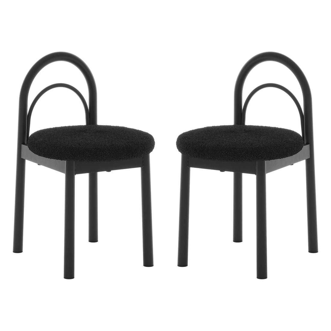 Gilles Boucle Arched Dining Chair Black Set of 2 featuring sleek double-arched backrests, upholstered seats with thick foam padding, and sturdy powder-coated metal frames ideal for elegant dining arrangements.