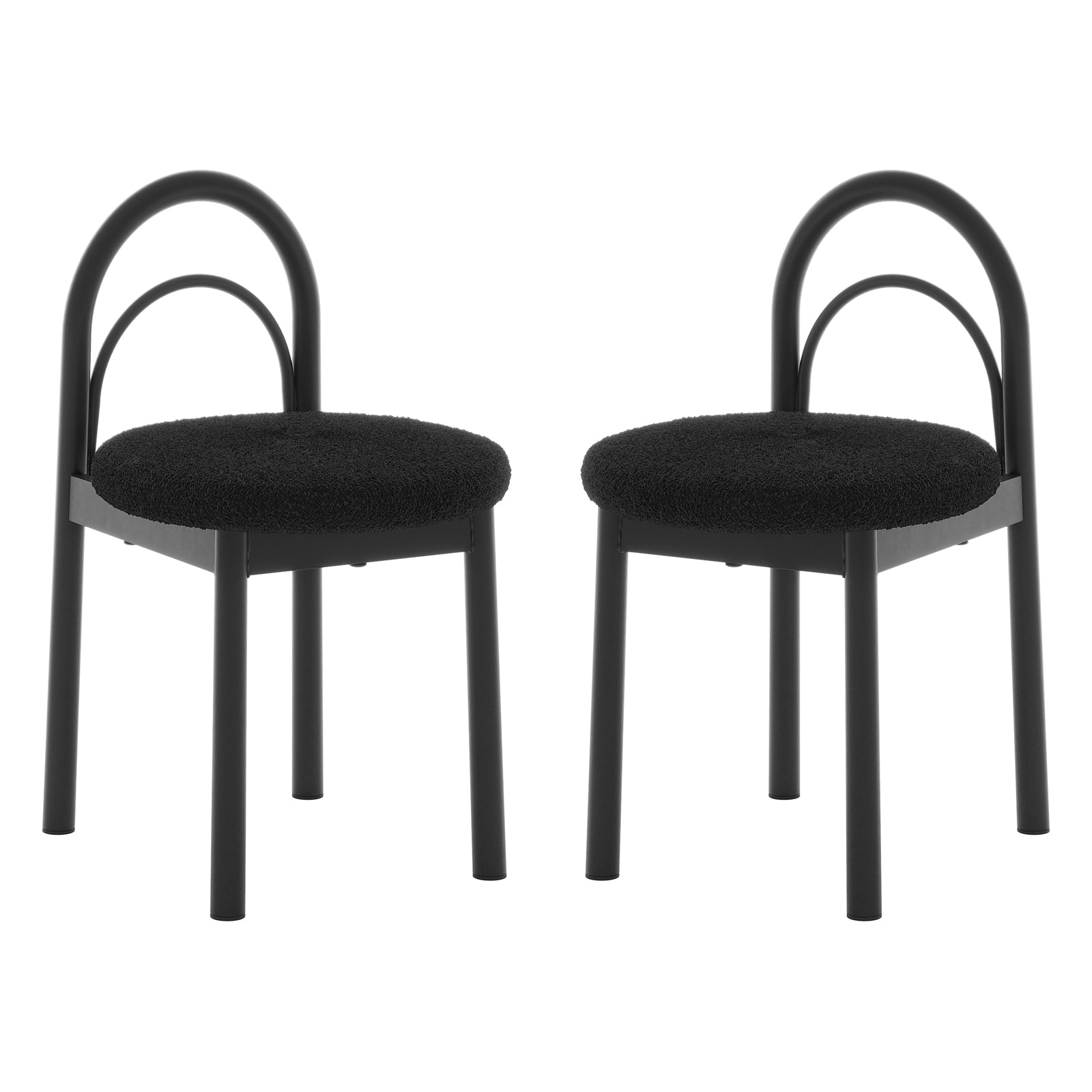 Gilles Boucle Arched Dining Chair Black Set of 2 featuring sleek double-arched backrests, upholstered seats with thick foam padding, and sturdy powder-coated metal frames ideal for elegant dining arrangements.
