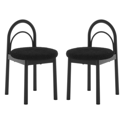 Gilles Boucle Arched Dining Chair Black Set of 2 featuring sleek double-arched backrests, upholstered seats with thick foam padding, and sturdy powder-coated metal frames ideal for elegant dining arrangements.