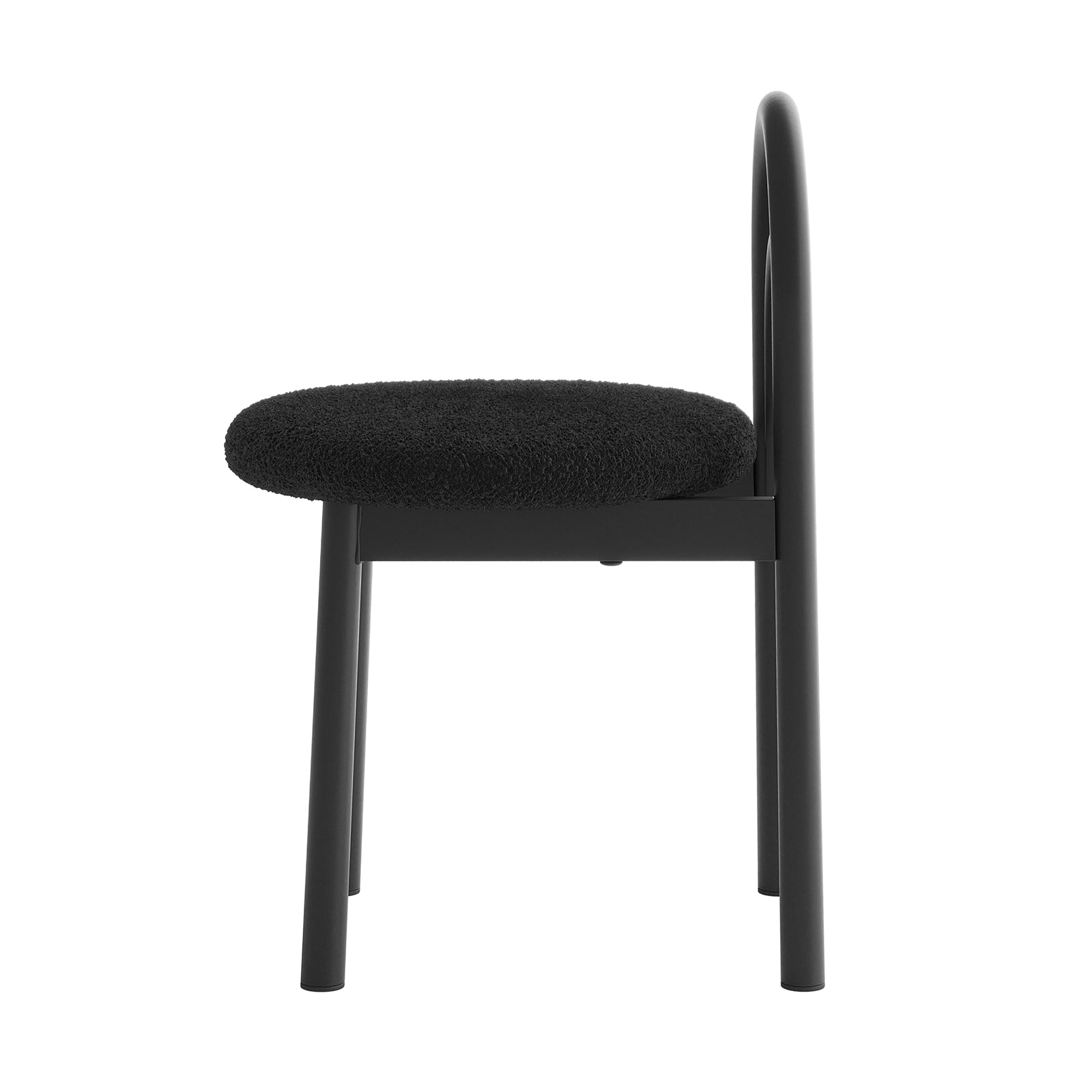 Gilles Boucle Arched Dining Chair Black Set of 2 features a sleek, double-arched backrest and wide upholstered seat with thick foam padding, supported by a durable powder-coated metal frame.