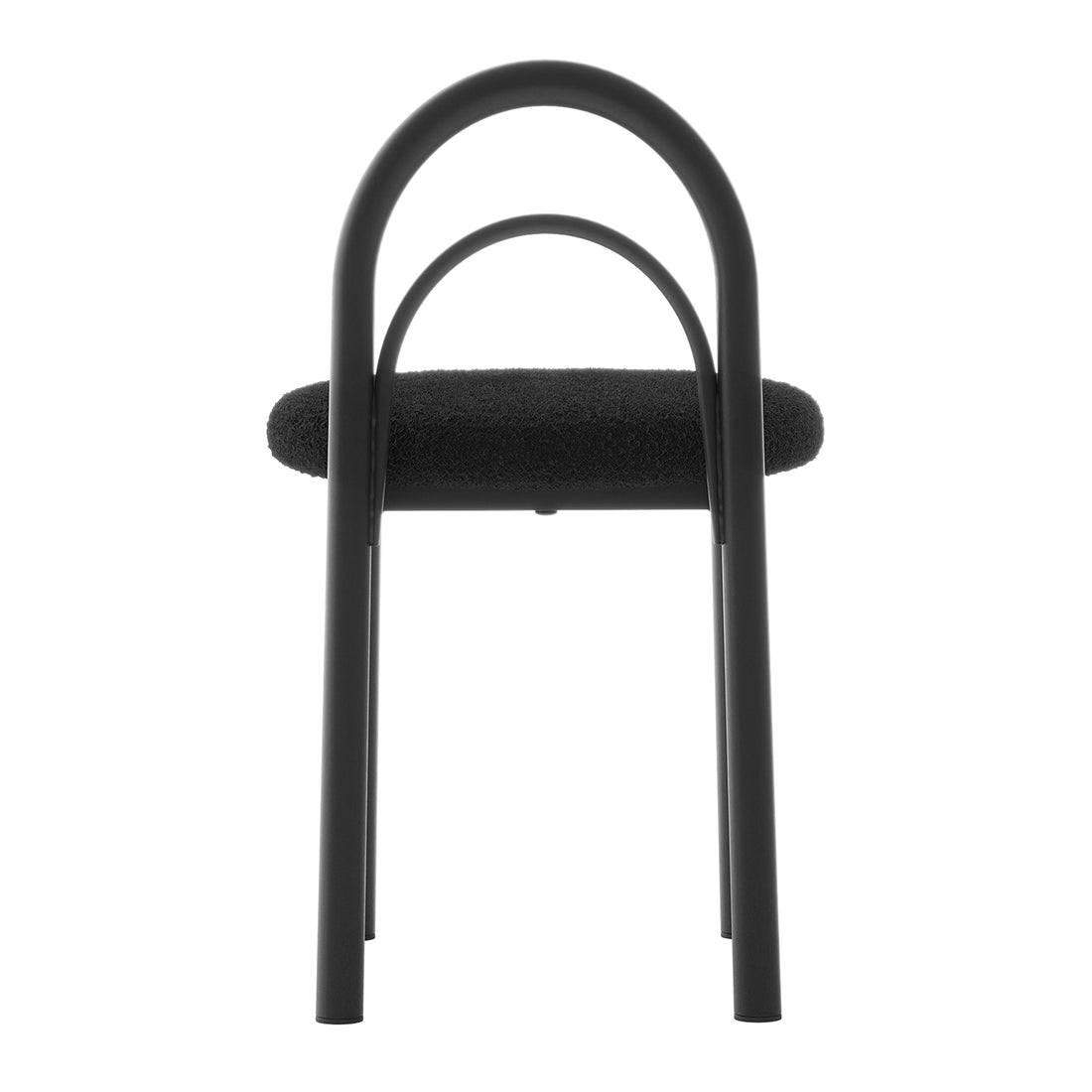 Gilles Boucle Arched Dining Chair Black Set of 2 showcasing elegant design with double-arched backrest, boucle fabric upholstery, and sturdy powder-coated metal frame, enhancing both style and comfort.