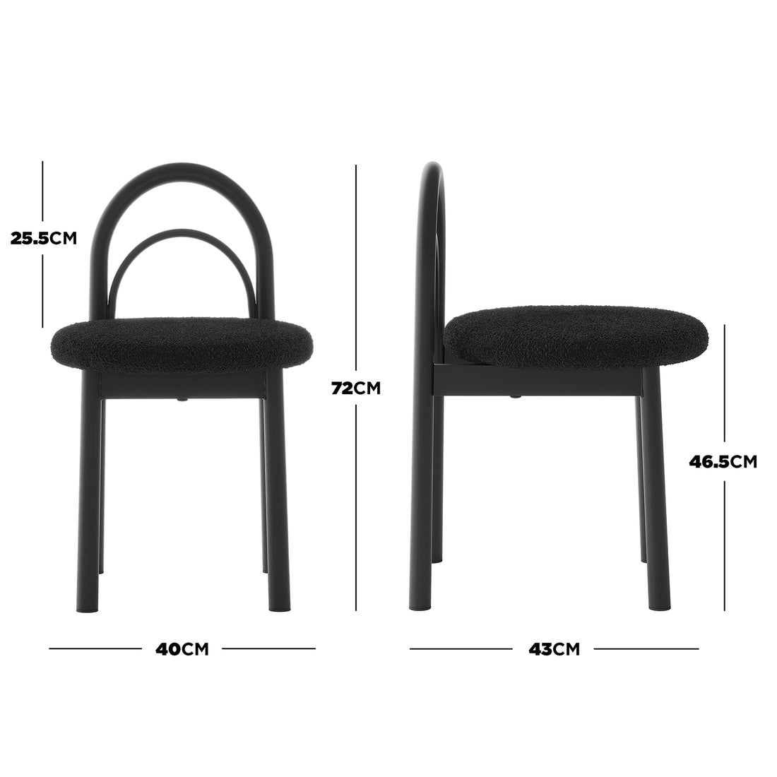 Gilles Boucle Arched Dining Chair Black Set of 2 features a sleek double-arched backrest with boucle upholstery, powder-coated metal frame, and round seat, embodying stylish sophistication and durability.