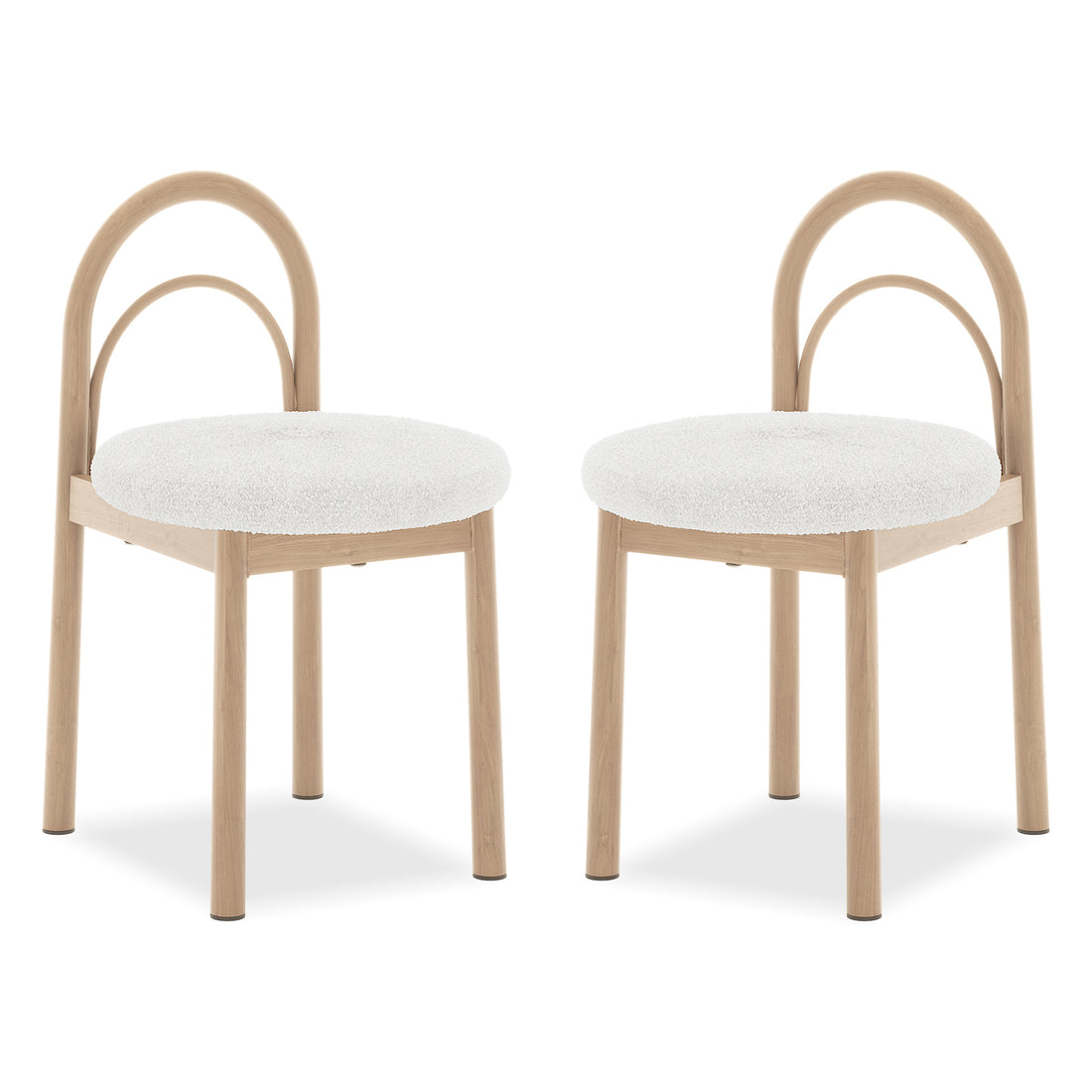 Gilles Boucle Arched Dining Chair Cream White Set of 2, featuring a sleek double-arched backrest and white cushions, showcases its elegant design with durable metal frames, perfect for dining spaces.