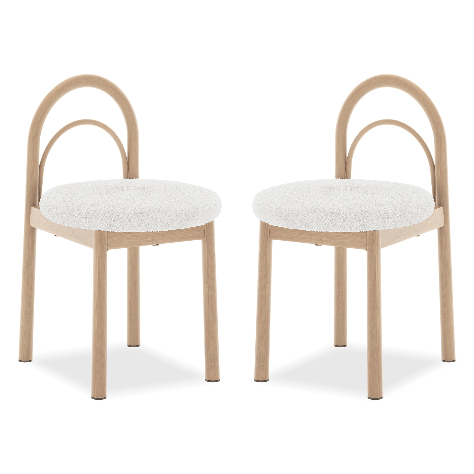 Gilles Boucle Arched Dining Chair Cream White Set of 2, featuring a sleek double-arched backrest and white cushions, showcases its elegant design with durable metal frames, perfect for dining spaces.