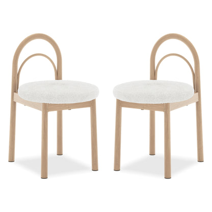 Gilles Boucle Arched Dining Chair Cream White Set of 2, featuring a sleek double-arched backrest and white cushions, showcases its elegant design with durable metal frames, perfect for dining spaces.