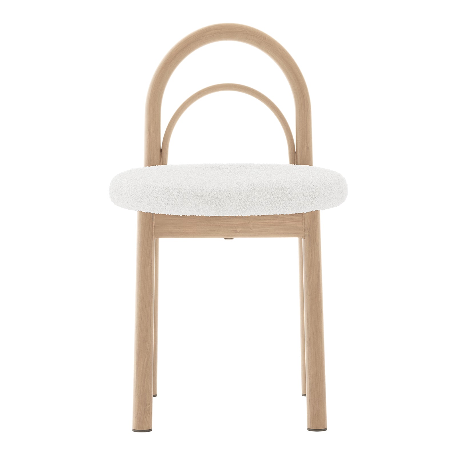 Gilles Boucle Arched Dining Chair Cream White Set of 2 featuring a close-up of its boucle fabric and thick foam padding, elegantly supported by a durable powder-coated metal frame.