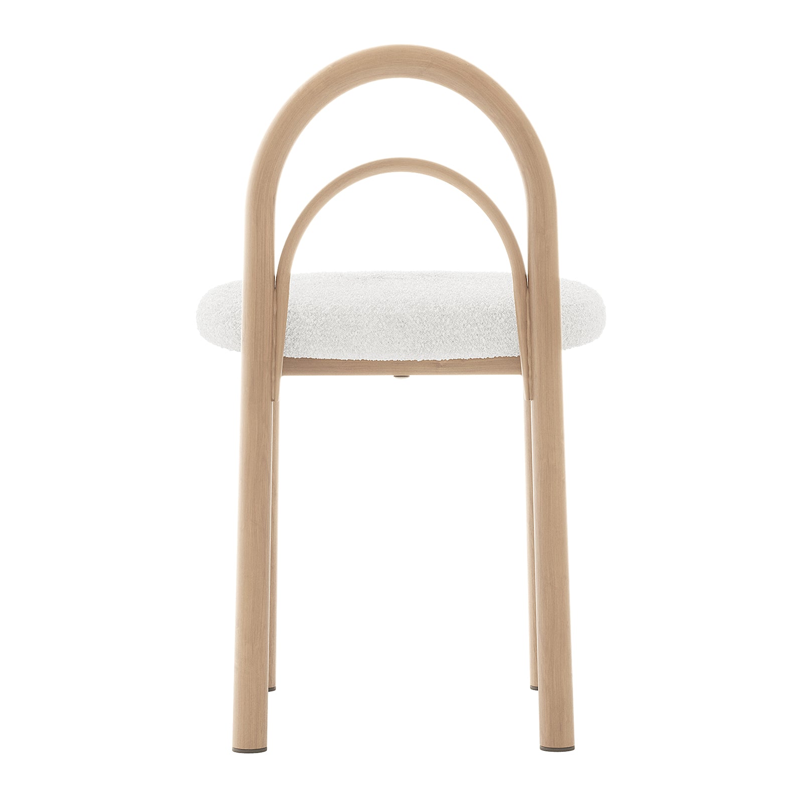 Gilles Boucle Arched Dining Chair Cream White Set of 2 featuring a double-arched backrest and plush boucle upholstery, highlighting its elegant design and sturdy, powder-coated metal frame.