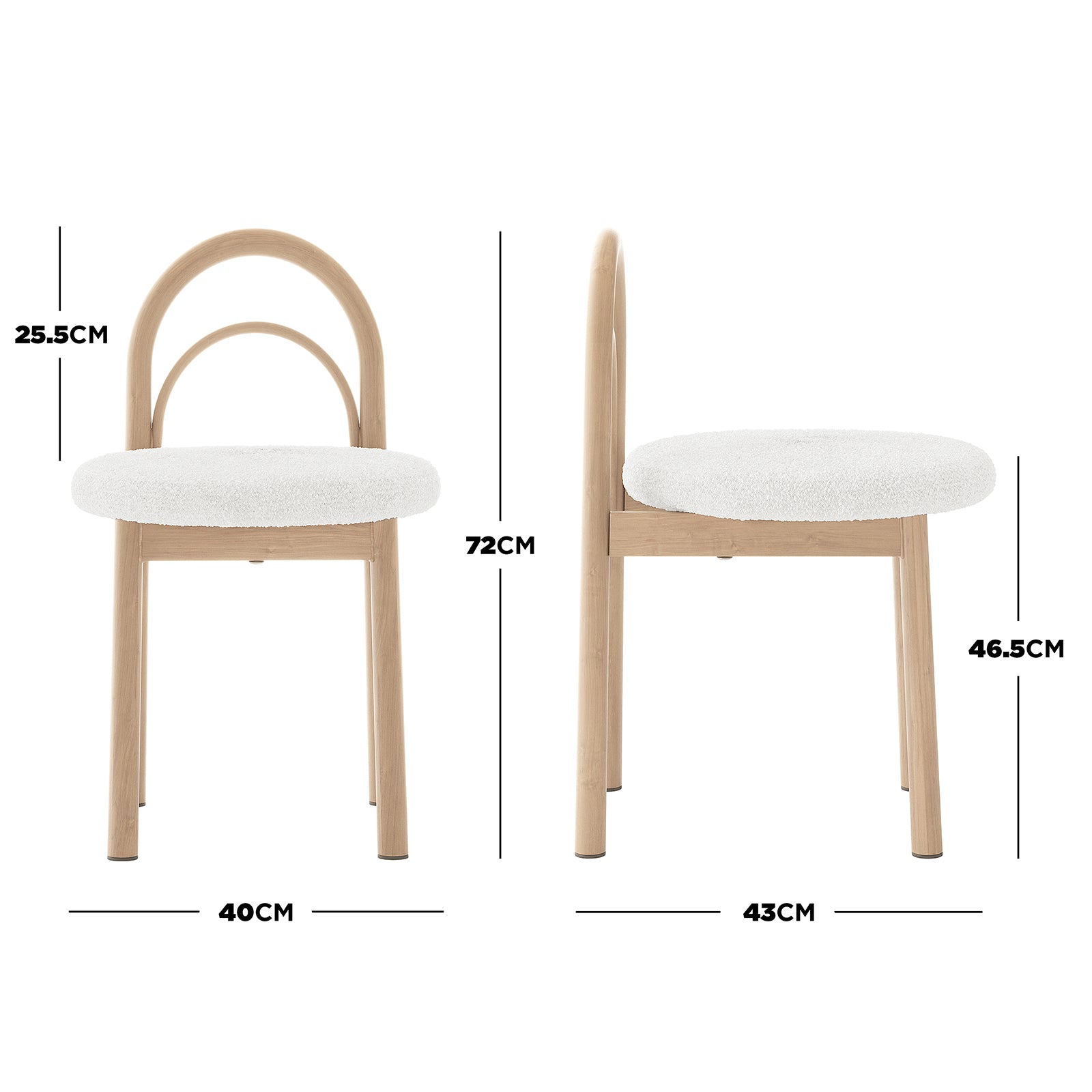 Gilles Boucle Arched Dining Chair Cream White Set of 2 features a double-arched backrest and white cushioned seat, showcasing a close-up of the elegant boucle fabric and sturdy frame design.