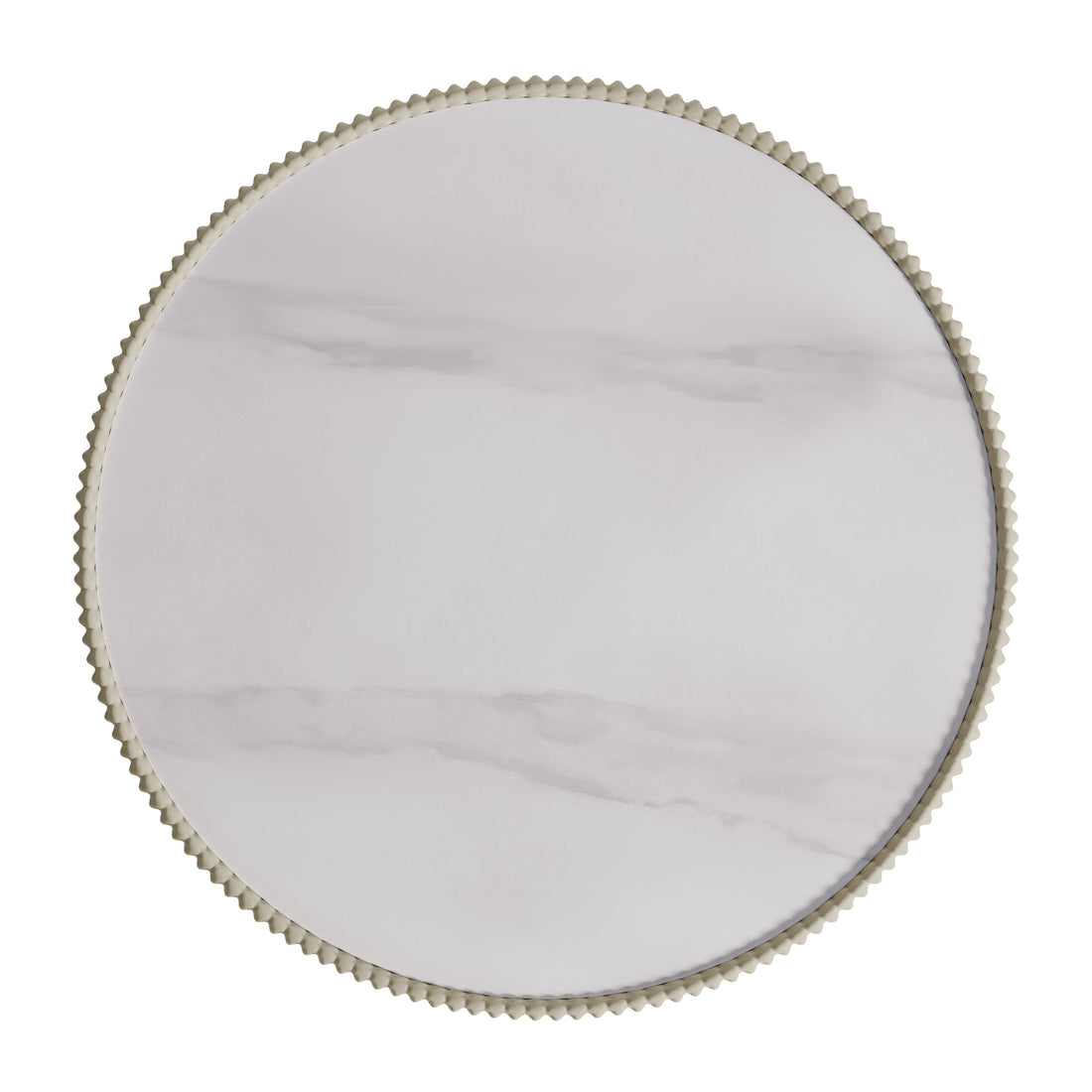Glalie Sintered Stone Coffee Table Set features a round, veined marble surface with a scalloped metal rim, showcasing its elegant design ideal for any home or office setting.