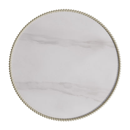 Glalie Sintered Stone Coffee Table Set features a round, veined marble surface with a scalloped metal rim, showcasing its elegant design ideal for any home or office setting.